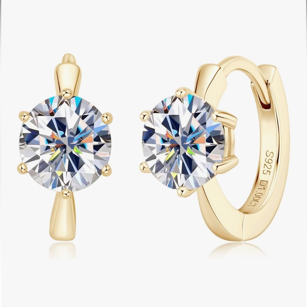 Certified Moissanite Hoop Huggie Earrings 18K Gold - Solid 925 Sterling Silver